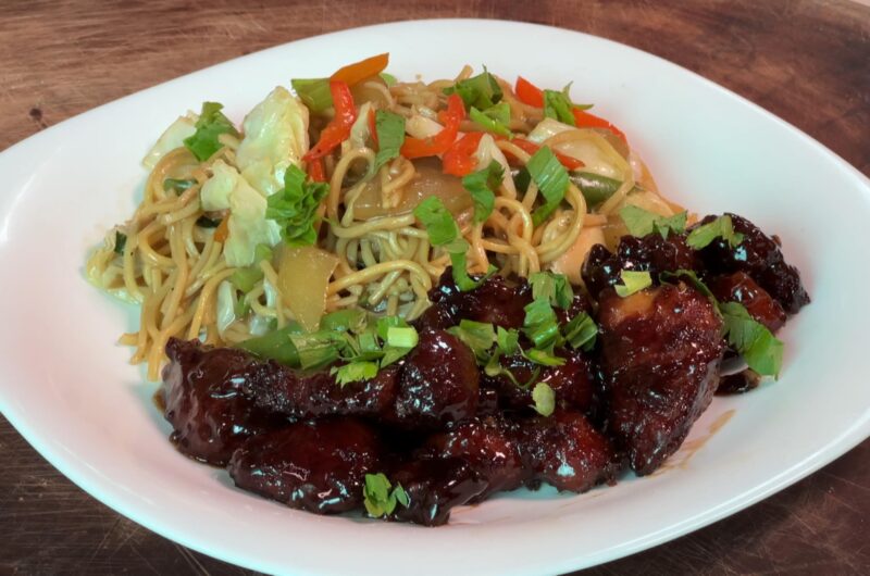 Sticky honey pork with noodles